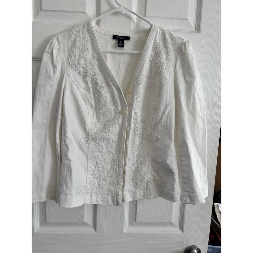 Vintage Chaps Jacket Womens L White Denim Lace Overlay 3/4 Sleeve Cottagecore